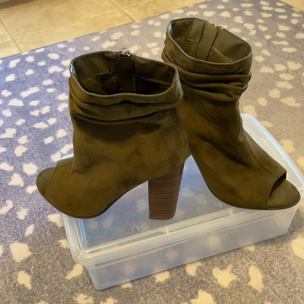Army Green Suede Booties 5.5; Barely Worn Open Toe - image 1